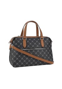 Borsa strutturata nera con motivo a foglia, dotata di manici in pelle marrone e di una tracolla removibile. Include una tasca anteriore con zip.