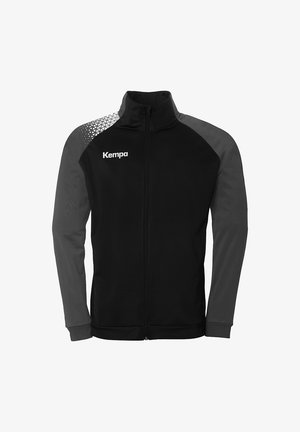 Black zip-up jacket with dark gray sleeves. Features a geometric pattern on one shoulder and a logo on the front left. Smooth fabric texture.