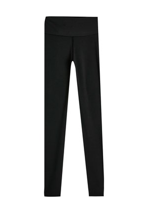 Sorte leggings med et glat, strækbart stof; høj talje, fuld længde, ingen mønstre eller accenter; tætsiddende design for komfort og bevægelse.