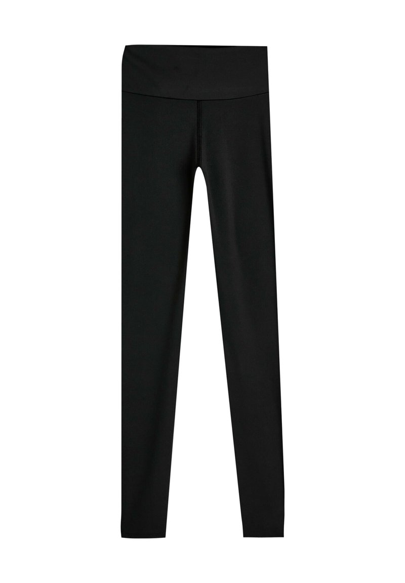 Leggings neri con un tessuto liscio e elasticizzato; vita alta, lunghezza intera, senza pattern né accenti; design aderente per comfort e movimento.