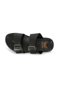 Black slide sandal featuring two wide straps with rectangular silver buckles, smooth leather texture, and a contoured footbed with logo detail.