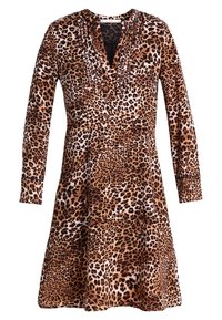 Hněd dress s leopardím potiskem, dlouhými rukávy, výstřihem do V a volánkovým detailem vpředu. Stretchový materiál, rozšířený A-line střih.