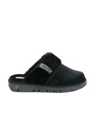 Pantofole slip-on foderate in pelliccia nera con una morbida tomaia in suede, dotate di una suola testurizzata e di un piccolo dettaglio con il marchio vicino all'apertura.