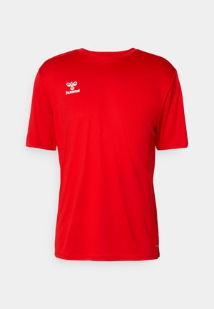 Red short-sleeve sports t-shirt made from smooth fabric, featuring a small white logo on the chest and a crew neckline.