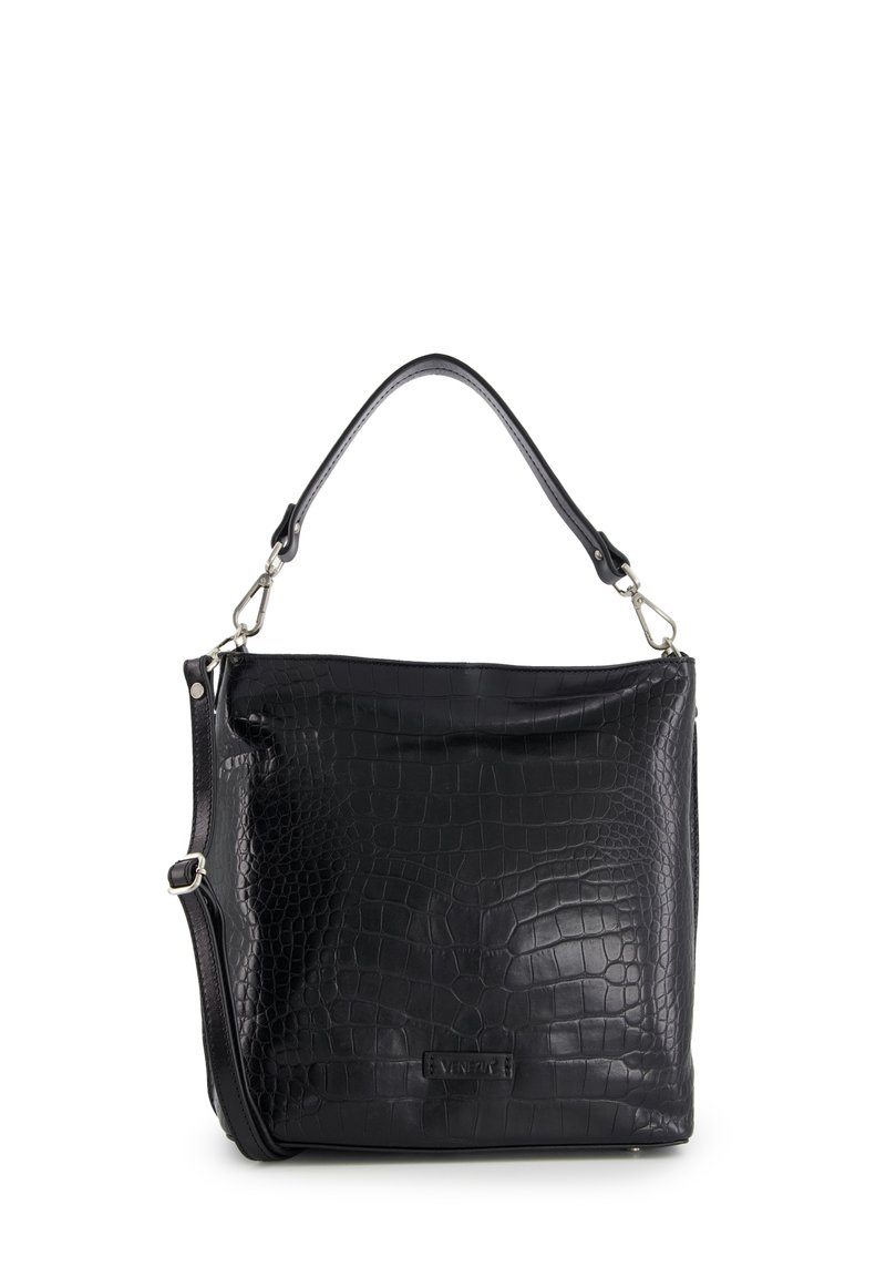 Black leather handbag with crocodile texture, short handle, and detachable shoulder strap, standing upright on white background.