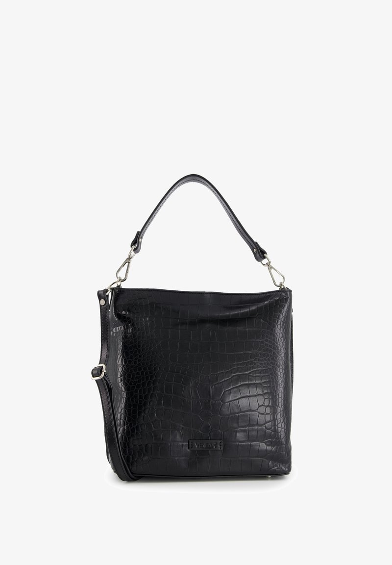 Black leather handbag with crocodile texture, short handle, and detachable shoulder strap, standing upright on white background.