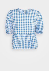 Blå og hvid gingham-bluse med korte ærmer, rund halsudskæring, rynkede ærmer og peplum-talje. Letvægtsstof med en glat tekstur.