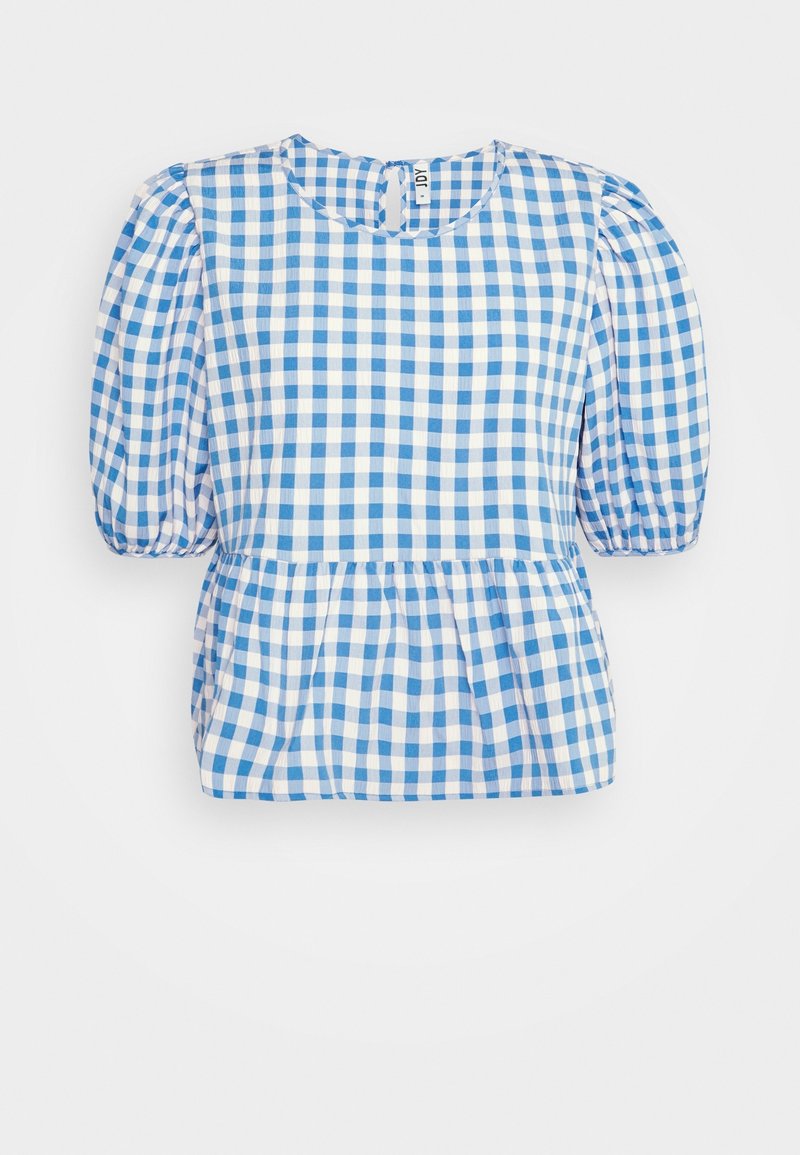 Blå og hvid gingham-bluse med korte ærmer, rund halsudskæring, rynkede ærmer og peplum-talje. Letvægtsstof med en glat tekstur.