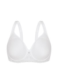 White bra with smooth molded cups, lace trim at the band, adjustable straps, and a decorative center embellishment.