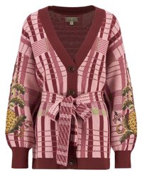 Knitted cardigan in pink and burgundy tones, featuring a checkered pattern, floral embroidery, and a tie belt at the waist. Four buttons.