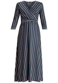 Robe longue enroulée navy avec des rayures verticales multicolores. Présente un décolleté en V profond, des manches trois-quarts et une taille ajustée.