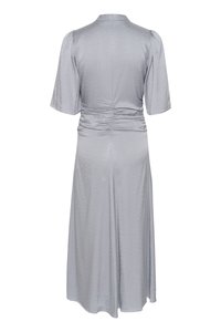 Gray dress featuring short sleeves, a fitted waist with ruching, and a flowing skirt. Material has a subtle texture and pattern.