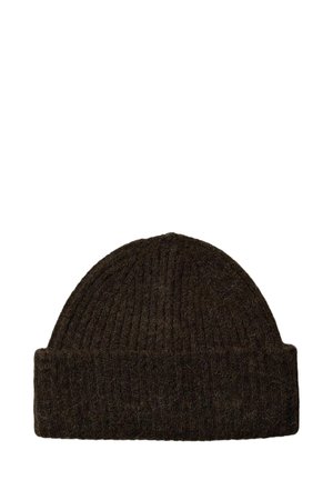 Cappello in maglia di colore marrone scuro con una texture a coste. Presenta un orlo piegato e una parte superiore rotonda, realizzato in un caldo materiale misto lana.