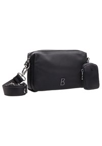 Borsa a tracolla nera in nylon con forma rettangolare, chiusura con zip e tracolla regolabile. Include una piccola pochette con zip abbinata sul lato.