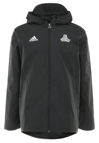 Czarna kurtka z kapturem i przednim zamkiem, wykonana z gładkiej tkaniny. Na piersi znajduje się biały logo Adidas oraz geometryczny wzór.