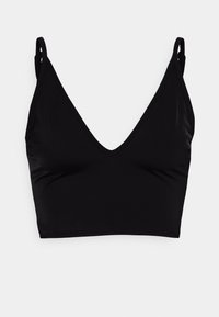 Bralette preto com um decote V profundo, feito de um tecido suave. Apresenta alças finas e um corte ajustado. Sem hardware visível ou padrões.
