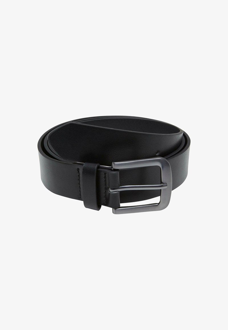 Juodas odinis diržas su lygiu paviršiumi, turintis sidabrinę metalinę dvigubą segtuką ir kelias reguliavimo skyles dydžiui pritaikyti.