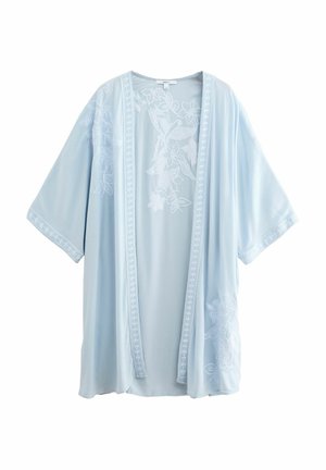 Light blue kimono-style robe made of soft fabric. Features floral embroidery and open front with wide sleeves. Detailed accents along edges.