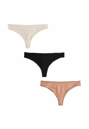 Drei Optionen für Tanga-Unterwäsche: beige gerippt, schwarz gerippt und hellbraun gerippt. Jede verfügt über ein einfaches Design mit sichtbaren Nähdetails.