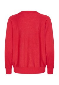 Roter, langärmliger Strickpullover mit geripptem Kragen, Bündchen und Saum, von hinten vor einem weißen Hintergrund gezeigt.