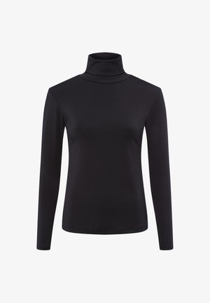 Schwarzes Langarm-Turtleneck aus glattem, elastischem Stoff. Verfügt über einen hohen Kragen und eine taillierte Silhouette, mit einem schlichten Design und ohne Muster.