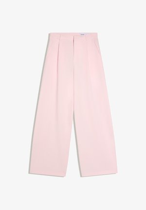 Pantalon taille haute à jambes larges en rose pastel avec poches latérales et plis devant, adapté pour une tenue formelle ou décontractée.