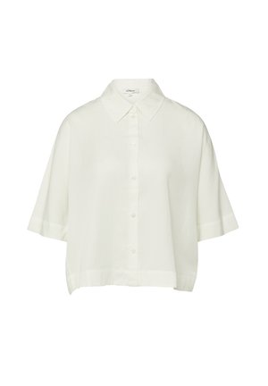 White short-sleeve button-up shirt with a pointed collar and loose fit, displayed on a plain white background.