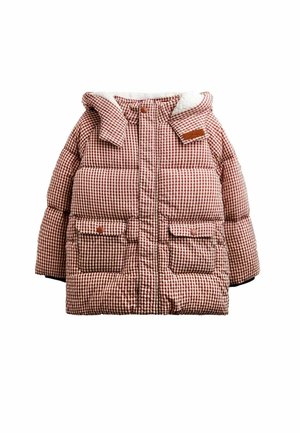 Giacca invernale imbottita a quadri marrone e bianco con cappuccio e tasche frontali con patta, progettata per il freddo.