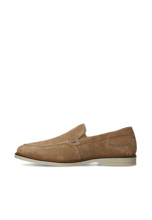 Beige suede men's loafer with beige rubber sole, detailed stitching, and slip-on design shown from the side.