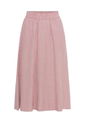 Pink and white vertically striped midi skirt with an elastic waistband and pleated fabric for a flowy fit.
