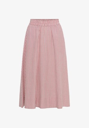 Pink and white vertically striped midi skirt with an elastic waistband and pleated fabric for a flowy fit.