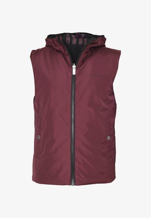Gilet senza maniche color bordeaux in piuma con cappuccio, chiusura frontale con zip e due tasche laterali. Presenta una fodera nera e un logo discreto sul petto.