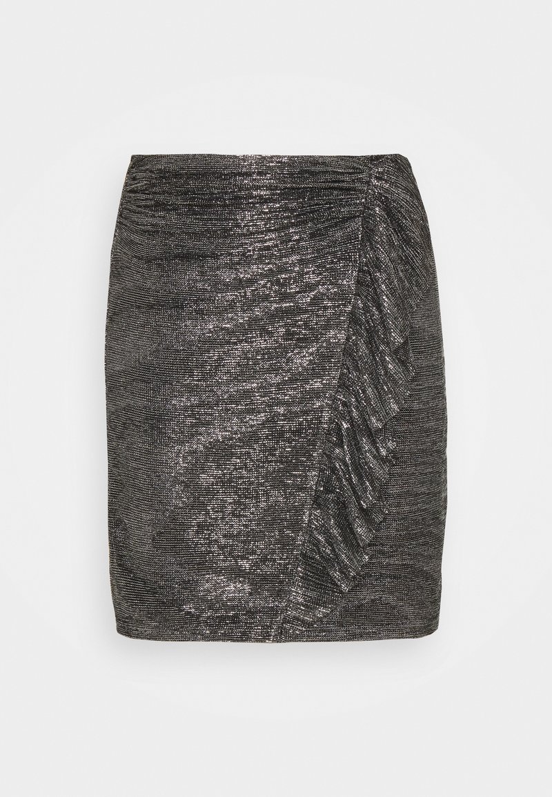 Jupe crayon noire métallisée avec texture froncée et volants décoratifs sur le côté. Fini lisse avec un effet scintillant subtil.