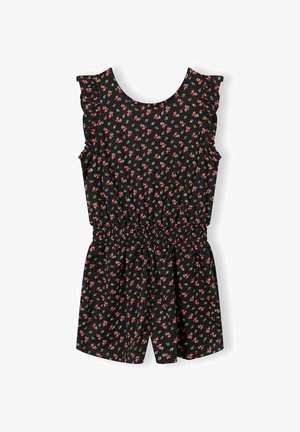 Crni kombinezon bez rukava s crvenim cvjetnim uzorkom, naboranim detaljima na ramenima i elastičnim pojasom.