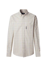 Camisa a cuadros en amarillo, azul y blanco. De botón con cuello puntiagudo, mangas largas y un bolsillo en el pecho. Tejido ligero.