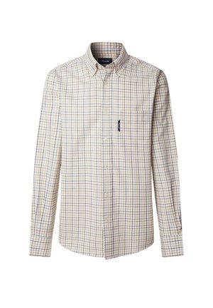 Camicia a quadri gialla, blu e bianca. Con bottoni, colletto alla francese, maniche lunghe e taschino sul petto. Tessuto leggero.