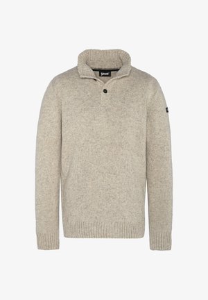 Pull en maille beige clair avec un col montant, patte de boutonnage à deux boutons, poignets côtelés et ceinture. Fabriqué en tissu mélangé de laine doux.