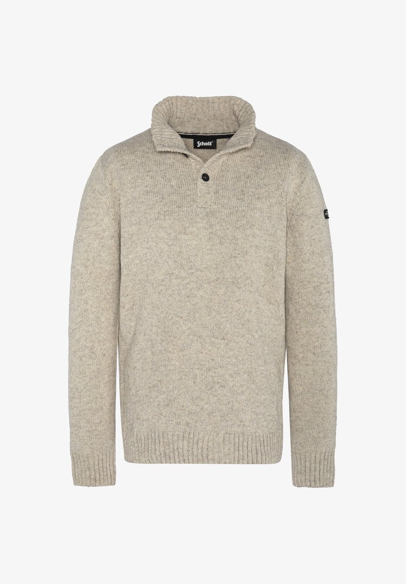 Hellbeige Strickpullover mit hohem Kragen, zweiknöpfiger Leiste, gerippten Bündchen und Saum. Hergestellt aus einem weichen Wollmischgewebe.