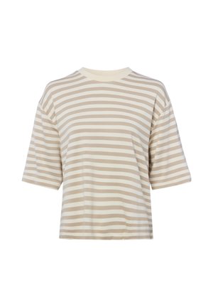 Beige und weiße kurzärmelige T-Shirt mit horizontalen Streifen, rundem Ausschnitt und lockerem Sitz auf weißem Hintergrund.