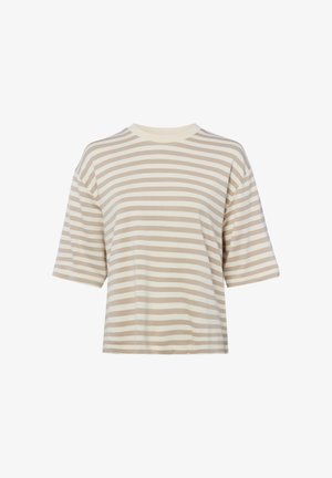 Beige and white horizontal striped short-sleeve t-shirt with a round neck and relaxed fit on a white background.