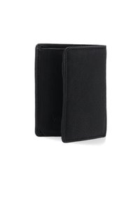 Zwarte leren portemonnee met een getextureerde afwerking, beschikt over een bi-fold ontwerp en zichtbare stiksels langs de randen. Compact en eenvoudig.