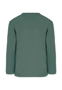 Long-sleeve shirt in muted green cotton. Features a round neckline, straight hem, and subtly stitched cuffs. Smooth texture, no patterns.