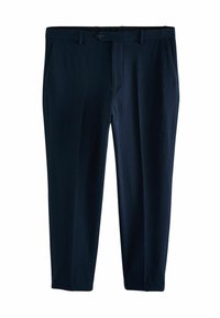 Pantalon bleu marine en tissu texturé avec une coupe droite, doté d'une fermeture à bouton à l'avant et de poches latérales.