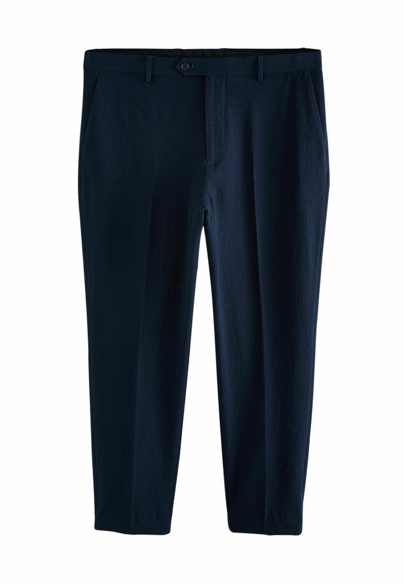 Pantalon bleu marine en tissu texturé avec une coupe droite, doté d'une fermeture à bouton à l'avant et de poches latérales.