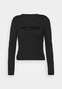 Haut en tricot noir à manches longues avec un design ajusté, une texture côtelée et une découpe rectangulaire au niveau de la poitrine.