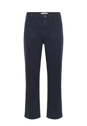 Tengerészkék nadrág egyenes szárú kialakítással, puha pamutból, két elülső zsebbel és egyetlen gombzárral.