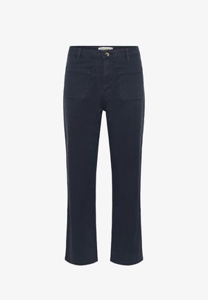 Navy blue trousers with a straight leg design, made of soft cotton, featuring two front pockets and a single button closure.
