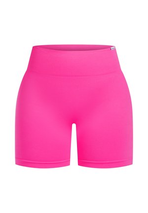 Roze high-waisted shorts van rekbare stof, met een gladde textuur en een strakke pasvorm, geschikt voor sportieve of casual gebruik.