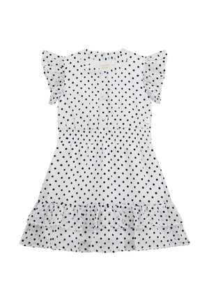 Robe blanche à manches courtes avec des pois noirs, poitrine boutonnée, taille élastique, manches et ourlet à volants, et un logo en forme de cœur sur la poitrine.