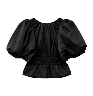 Black blouse featuring puffed short sleeves, gathered neckline, and elastic waistband. Made of soft, slightly textured fabric.